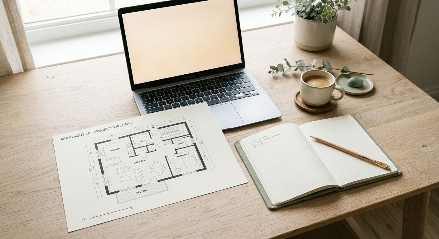 An oak desk with a laptop, a printed floor plan and a linen notebook