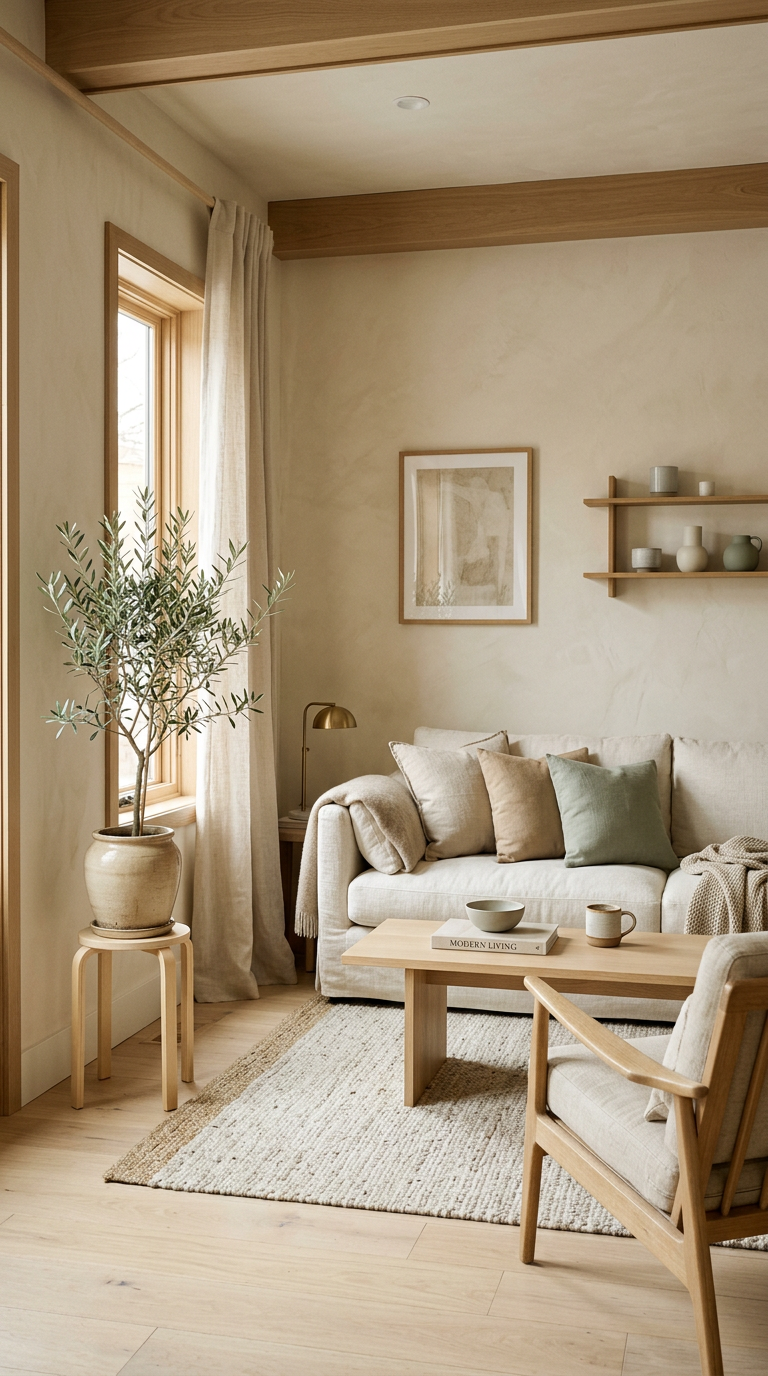A calm modern living room with linen sofa, pale oak and an olive tree in warm daylight